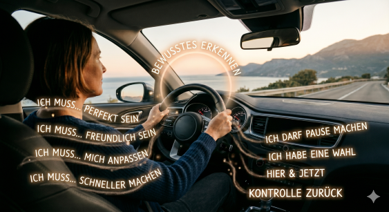 Autofahrerin, die mentale Muster (Muss-Gedanken) durch bewusstes Erkennen in lösungsorientierte Gedanken umwandelt und somit die Kontrolle zurückgewinnt.