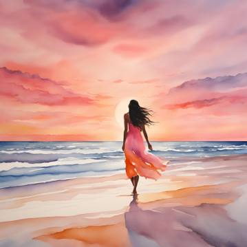eine Frau geht achtsam am Strand spazieren